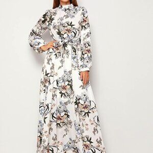 Floral Long Sleeve Maxi Dress with High Collar